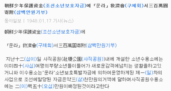 조선소년보호자금에 운라 구제회서 기부 1948.01.17.(동아일보)